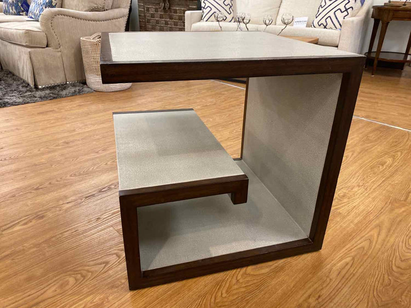 Waxed Gray Canvas & Wood Greek Key Side Table with Shelf,  Set of 2