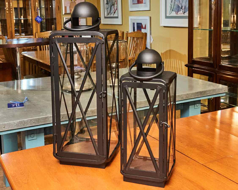 Set Of 2 Matte Black & Polished Gold Steel Lanterns