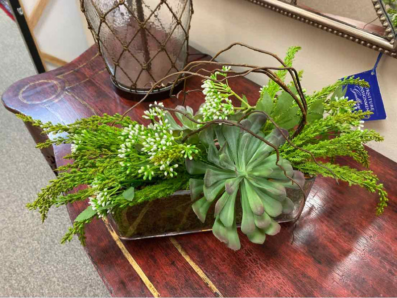Succulents, Seaberry & Vines in Long Glass Vase