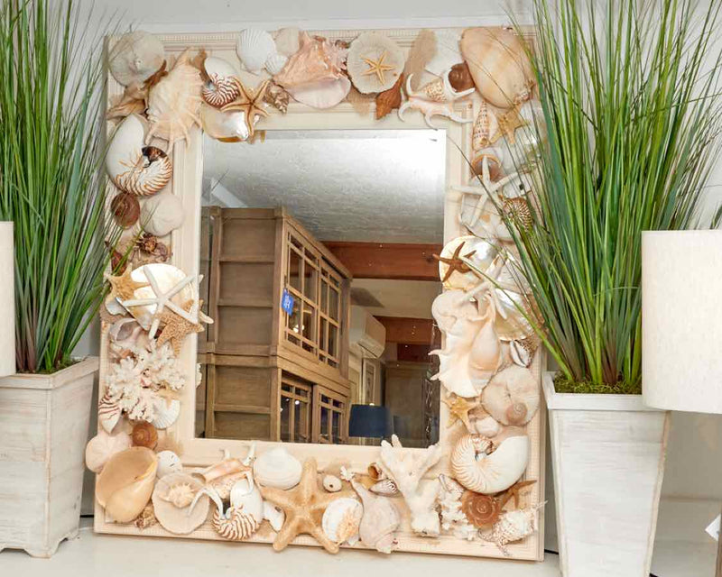 Cream Finished Frame Adorned With Tropical  Sea Shells Mirror