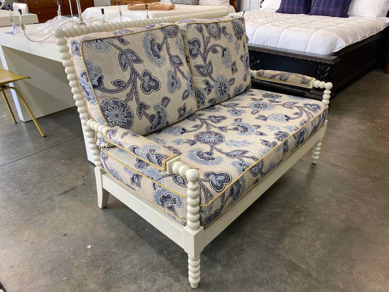 Navy Floral Loveseat with Spooled White Wooden Frame