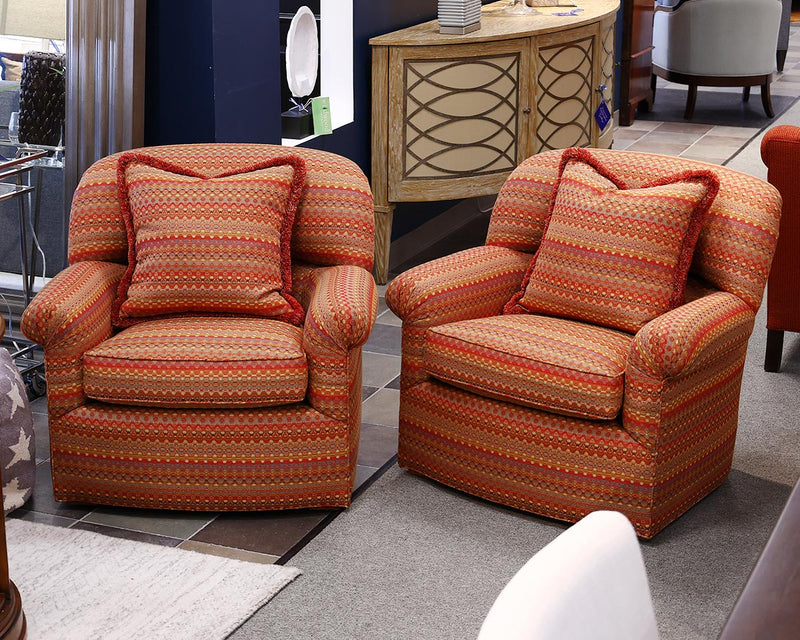 Pair of Custom Persimmon Striped Barrel Chairs w/ matching pillows