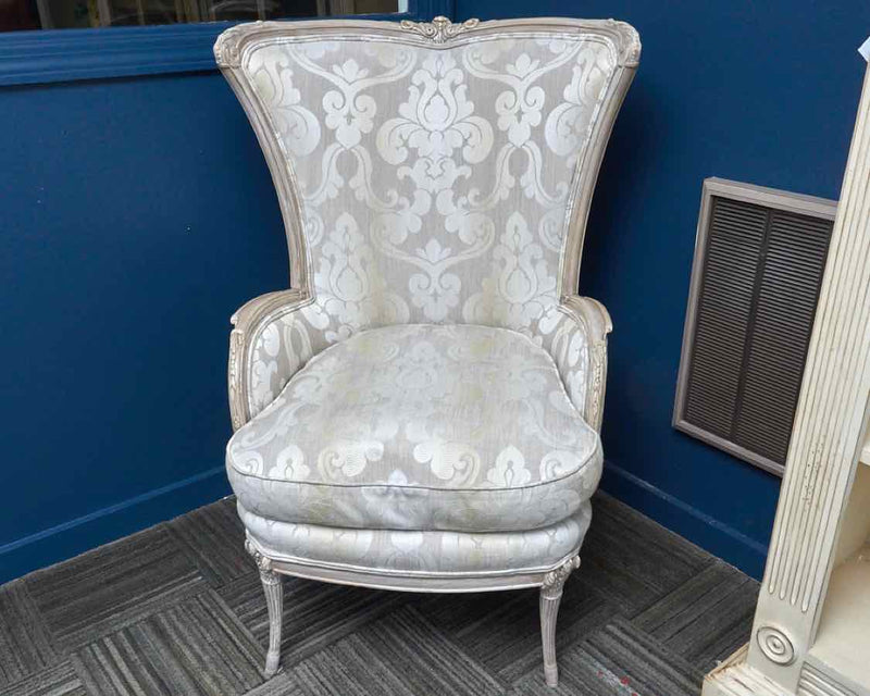 Upholstered Wingback Chair w/ Carved Frame