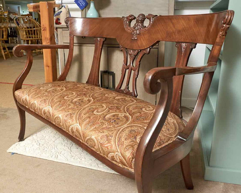 Antique Mahogany With Carved Accents Upholstered Settee