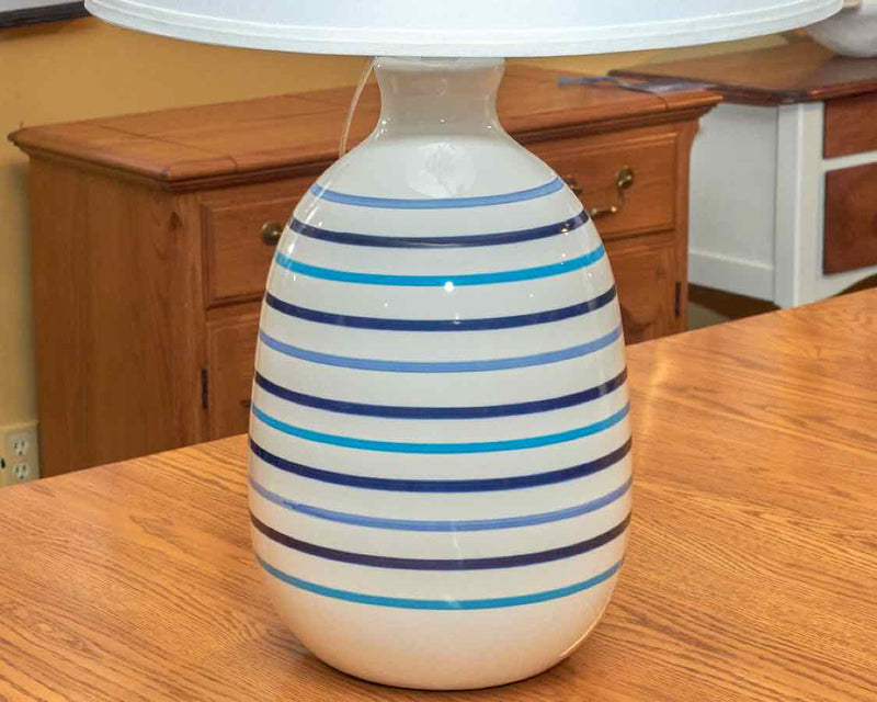 Livia Multi Striped In Blue& White Gloss Includes White Shade Table Lamp