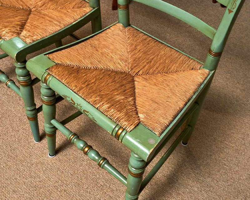 Pair Of  Vintage Hitchcock  Green With Eagle Accent Back Rush Seat Dining Chairs