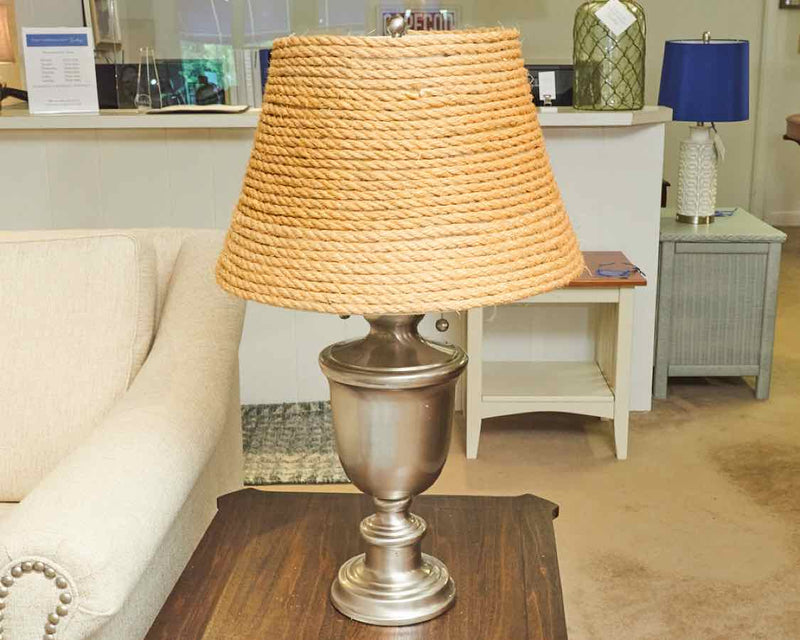 Pewter Metal Table Lamp With Twin Pull & Sea Robe Shade
