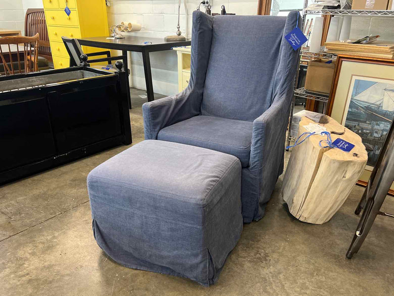Crate & Barrel Denim Blue Reclining Swivel Chair with Ottoman