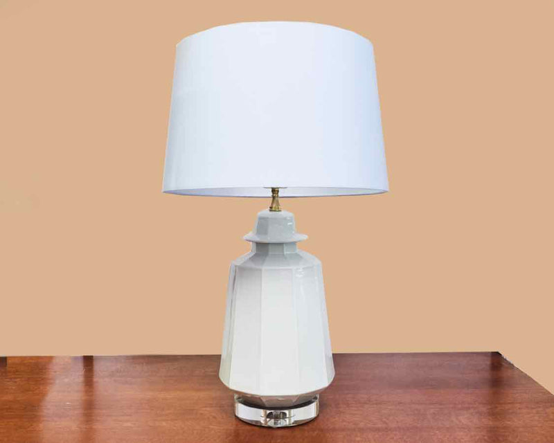 Claud White Table Lamp with Pale Blue Drum Shade