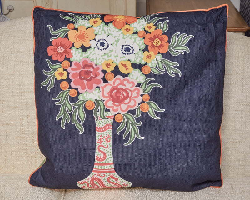 Navy Linen & Green Velvet Accent Pillow with Bright Floral