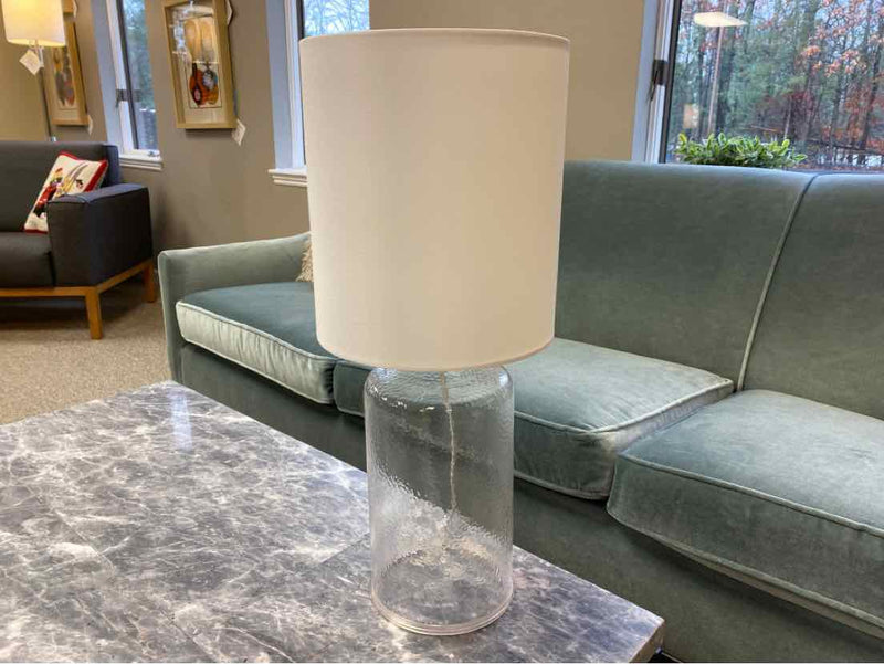 Clear Seeded Glass Table Lamp with White Linen Drum Shade