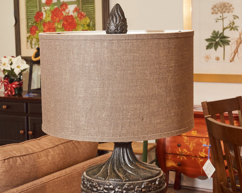 Wooden Carved Urn Shape With Brown Burlap Shade Table Lamp