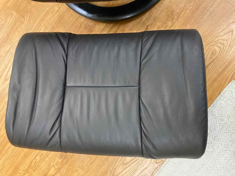 Ekornes Black Leather Stressless Swivel Chair w/ Ottoman