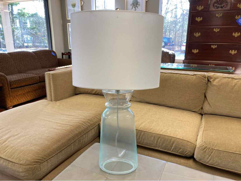 Spa Blue Milk Glass Table Lamp with Oval Drum Shade