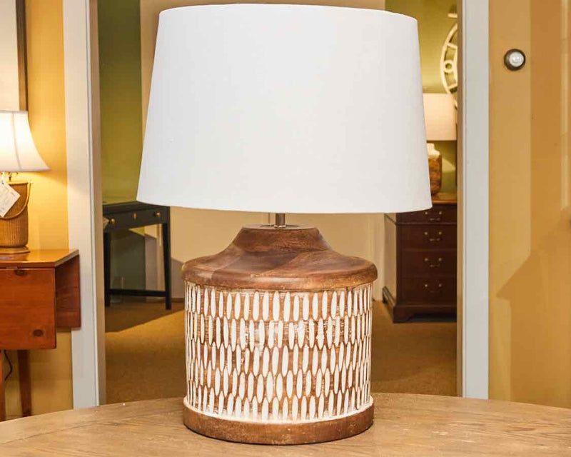 Natural Carved Wood With Painted White Accents Table Lamp