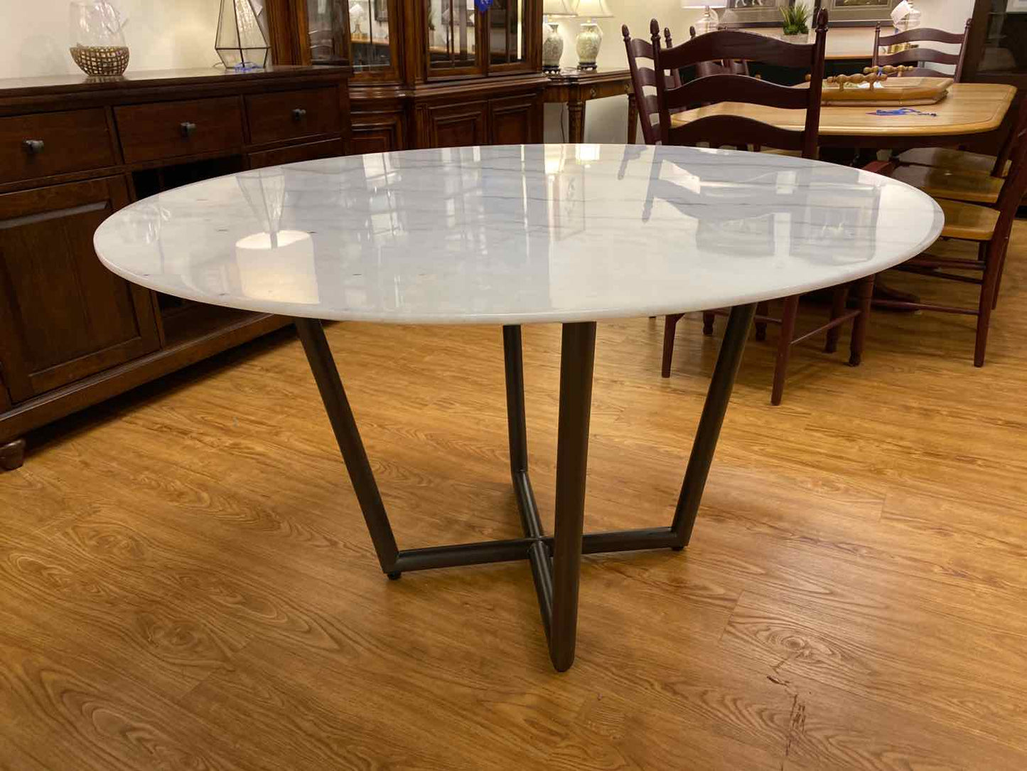 Mitchell Gold + Bob Williams Round Marble Top Dining Table with Pewter Base