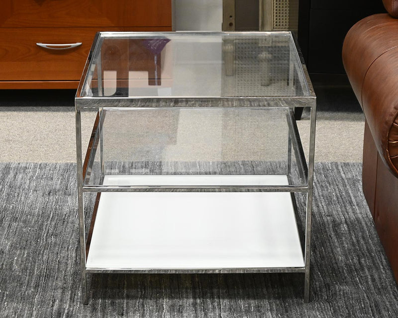 MG+BW  Manning Square Side Table with Glass Inserts & White Glass Shelf