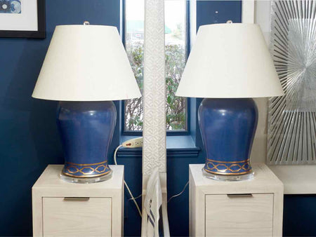 Pair of Large Blue Ceramic Urn Table Lamps with Off White Empire Shade