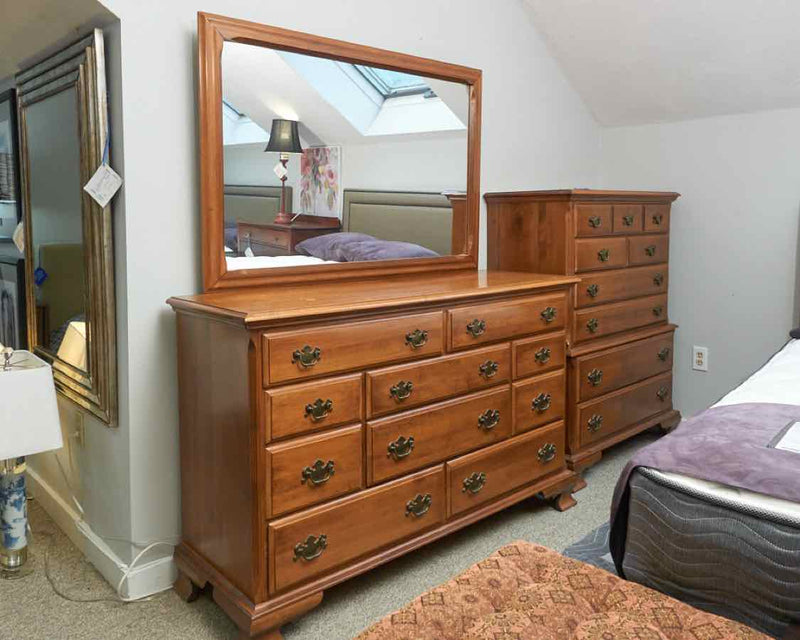 10-Drawer Dresser with Mirror in Maple with Brass Pulls