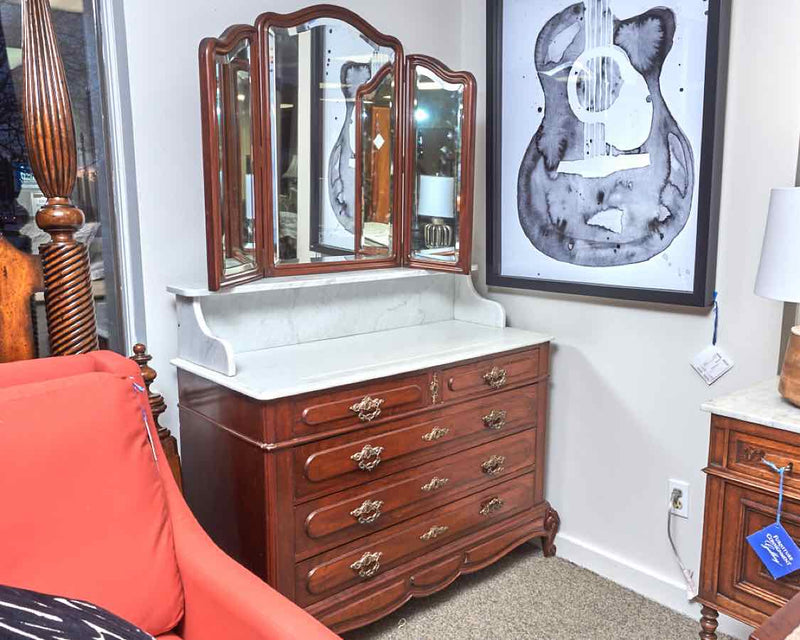 Mahogany Dresser with White Marble Shelf Topper and Trifold Beveled Mirror