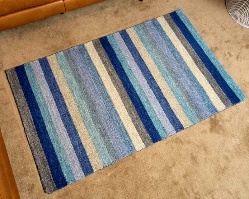 Company C  Assorted Stripes In Blue Wool Area Rug 3x5