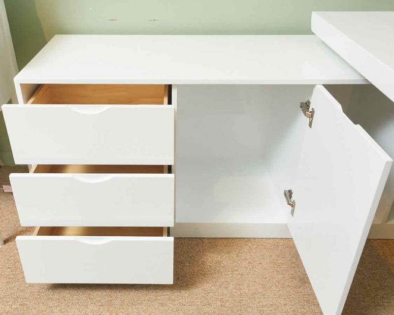 White Lacquer 2 Piece  Desk with 3 Drawers ,1 Door & Storage Compartments
