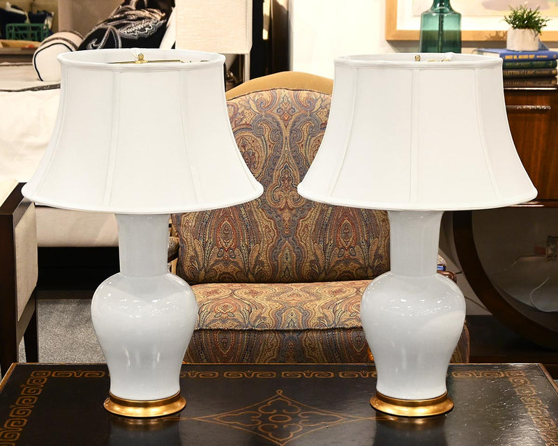 Pair of White Urn Table Lamps with Gold Accents and White Shades