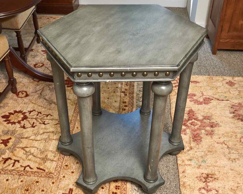 Hexagonal Accent Table in Grey Finish with Brass Trim