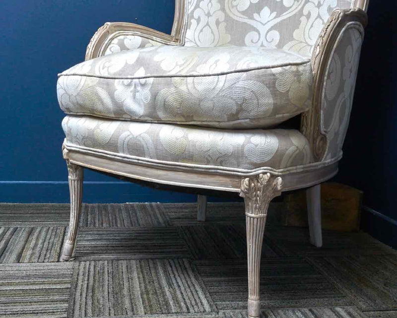 Upholstered Wingback Chair w/ Carved Frame