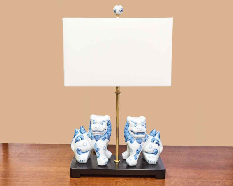 Blue & White Foo Dog Table Lamp with Rectangular White Shade