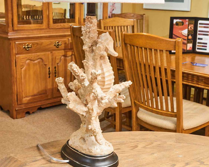 Distressed Coral & Seahorse With Natural Linen Drum ShadeTable Lamp