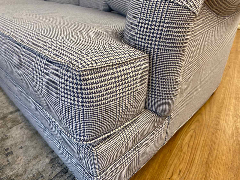 Ethan Allen Tightback Sofa in Blue and Cream Houndstooth Upholstery