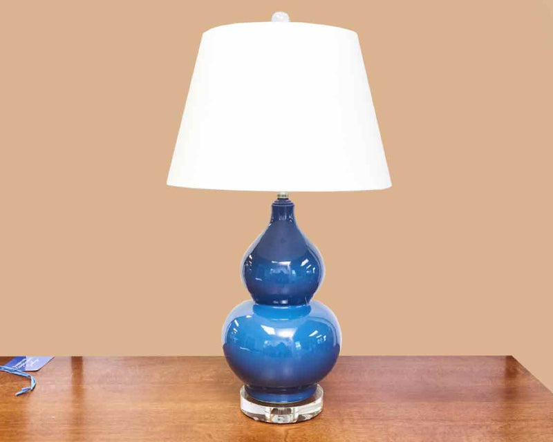 Navy Gourd Table Lamp with White Shade and Crystal Accents