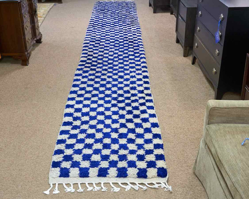 Blue Checkered  Hand Woven Wool Runner Made in Morocco