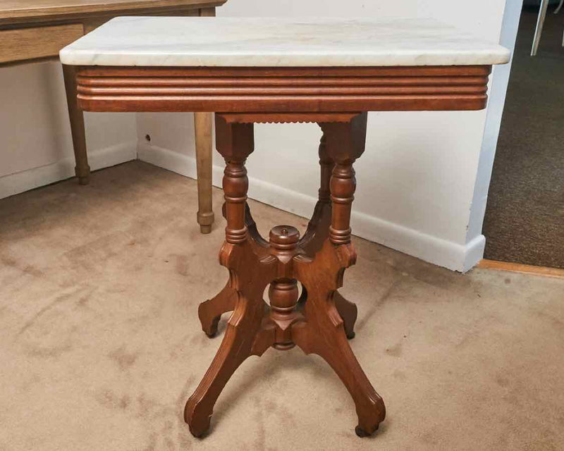 Antique Victorian  Mahogany & Marble Top Accent Table On Casters