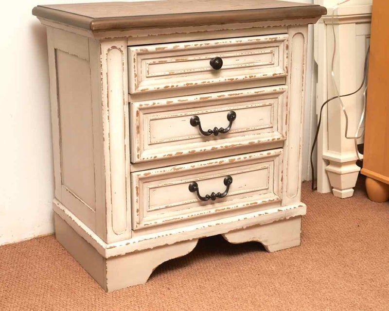 Distressed Ivory 3 Drawer With Weathered Oak Top Bedside Chest
