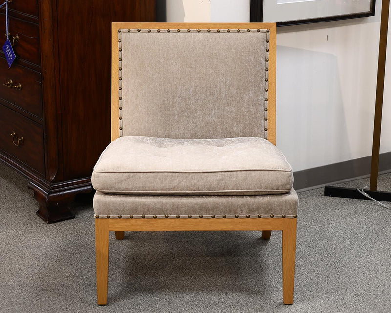 Mattaliano Armless Oak Frame Chair with Taupe Velvet Upholstery