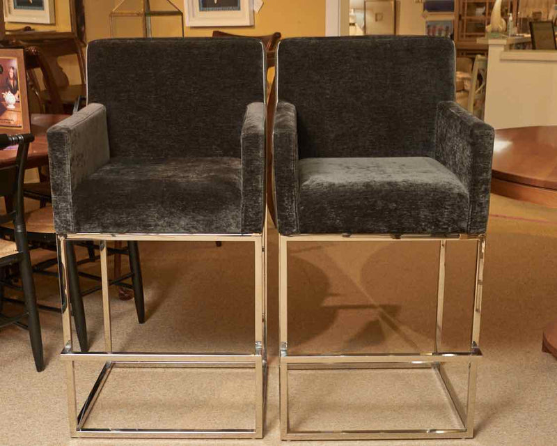 Pair of Faux Gator Bar Stools in Charcoal Upholstery & Steel Legs