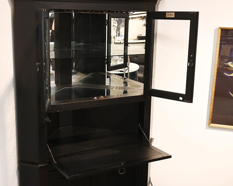 Black Distressed Corner Bar Cabinet w/ Wine and liquor storage