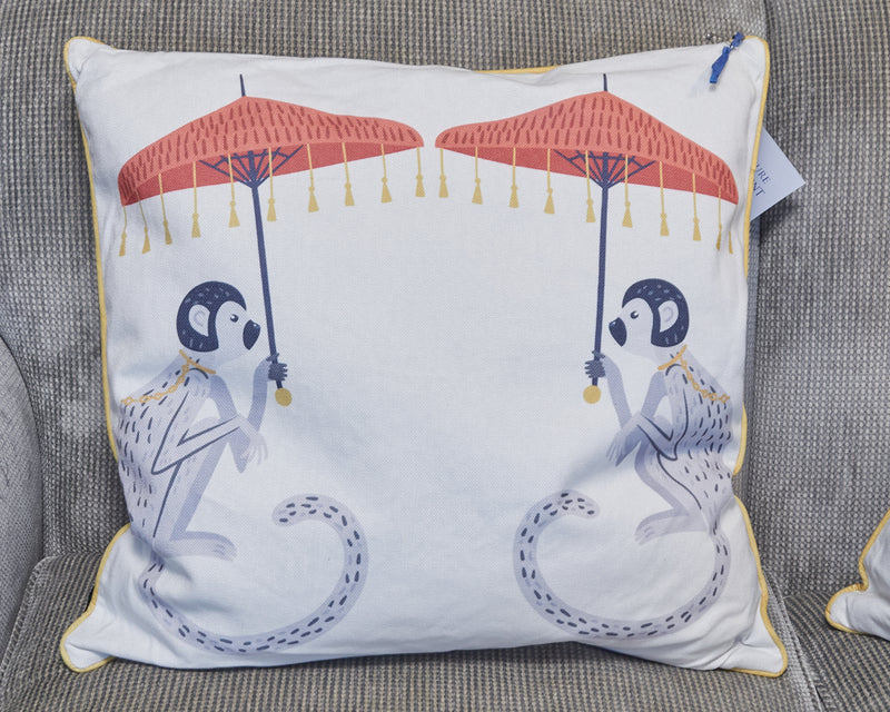 White Linen Accent Pillow with Monkeys with Red Umbrellas & Black Velvet