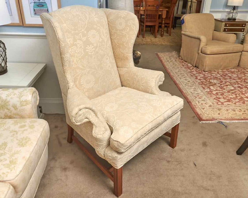 Custom Wing Back Chair In Ivory & Taupe  Crewel Style Upholstery
