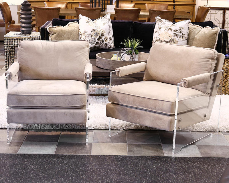 Pair of  Contemporary Lucite Side Panel Chairs  in Taupe Performance Velvet