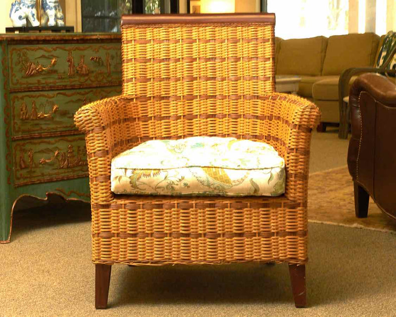 Pair of Roll-Arm  Highback Two-Tone Wicker Chairs