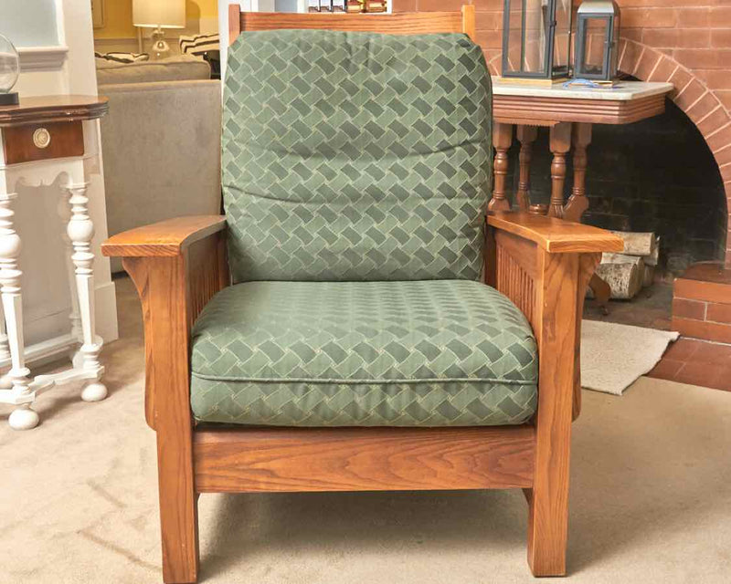 Basset Mission Style Oak Spruce Green Upholstered Chair With Reclining Back