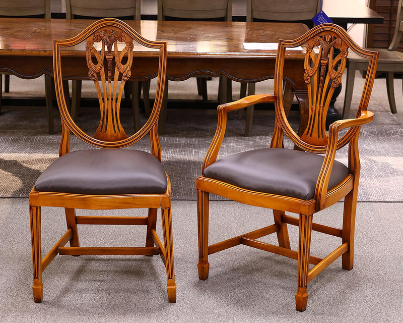 Yew Wood Dining Set with 2 leaves, table pads &  8 Carved Shield Back Chairs