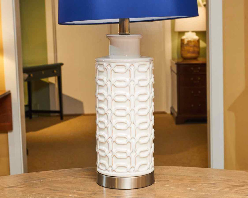 White Textured  Ceramic  With metal Base & Navy Blue Shade Table Lamp