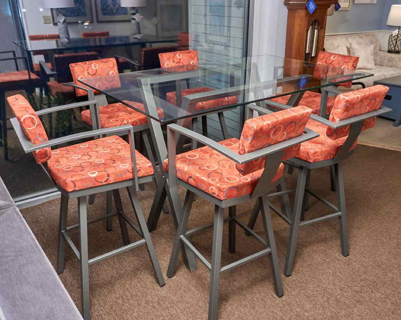 Glass Top Pub Table & 6  Upholstered Bar Chair Set