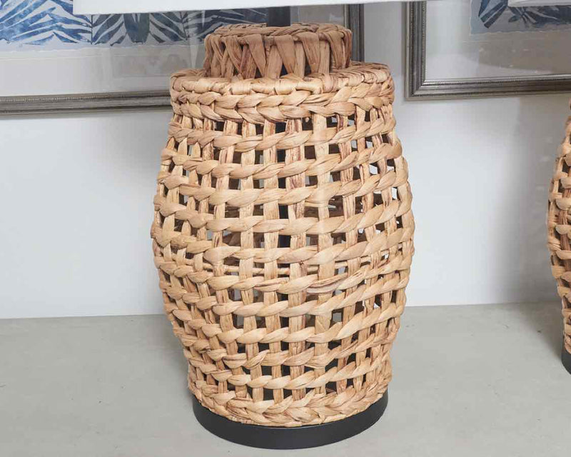 Pair of Natural Woven Water Hyacinth With White Shade Table Lamps