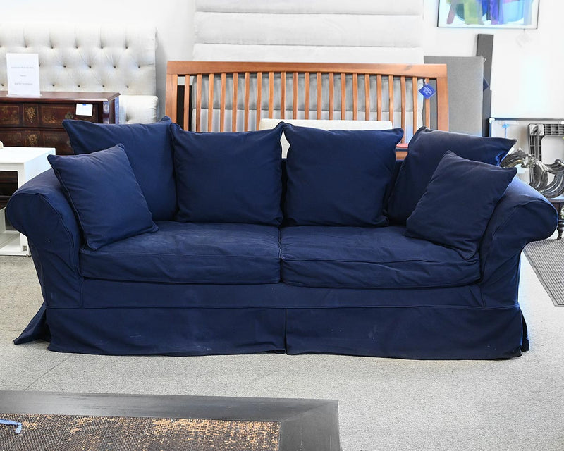 Pottery Barn Navy Blue Slip Covered  Sofa with 6 Toss Pillows