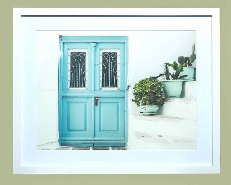 'Three Blue Flower Pots' Color Photograph In White Frame